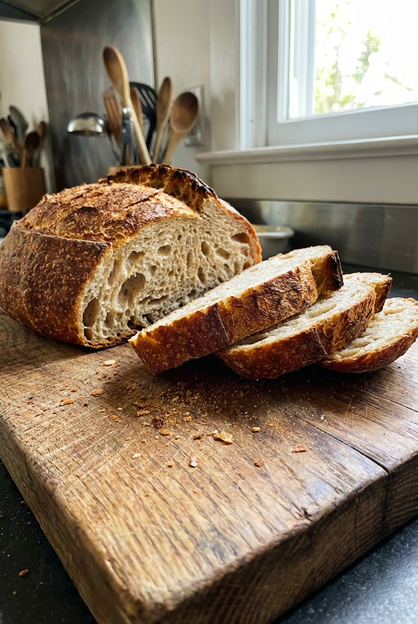 Sliced crusty bread on a wooden cutting board