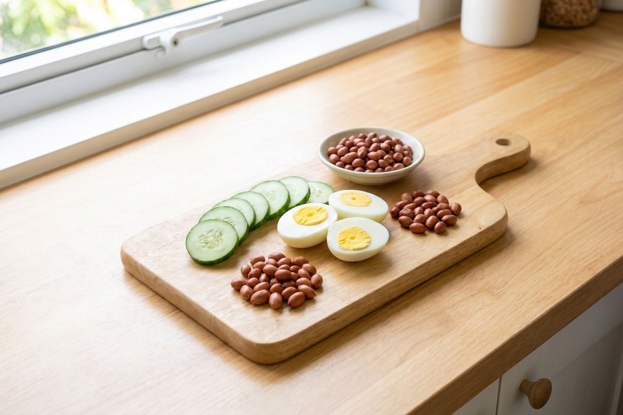 Sliced cucumber, halved boiled eggs, and roasted peanuts arranged on a cutting board on a kitchen counter