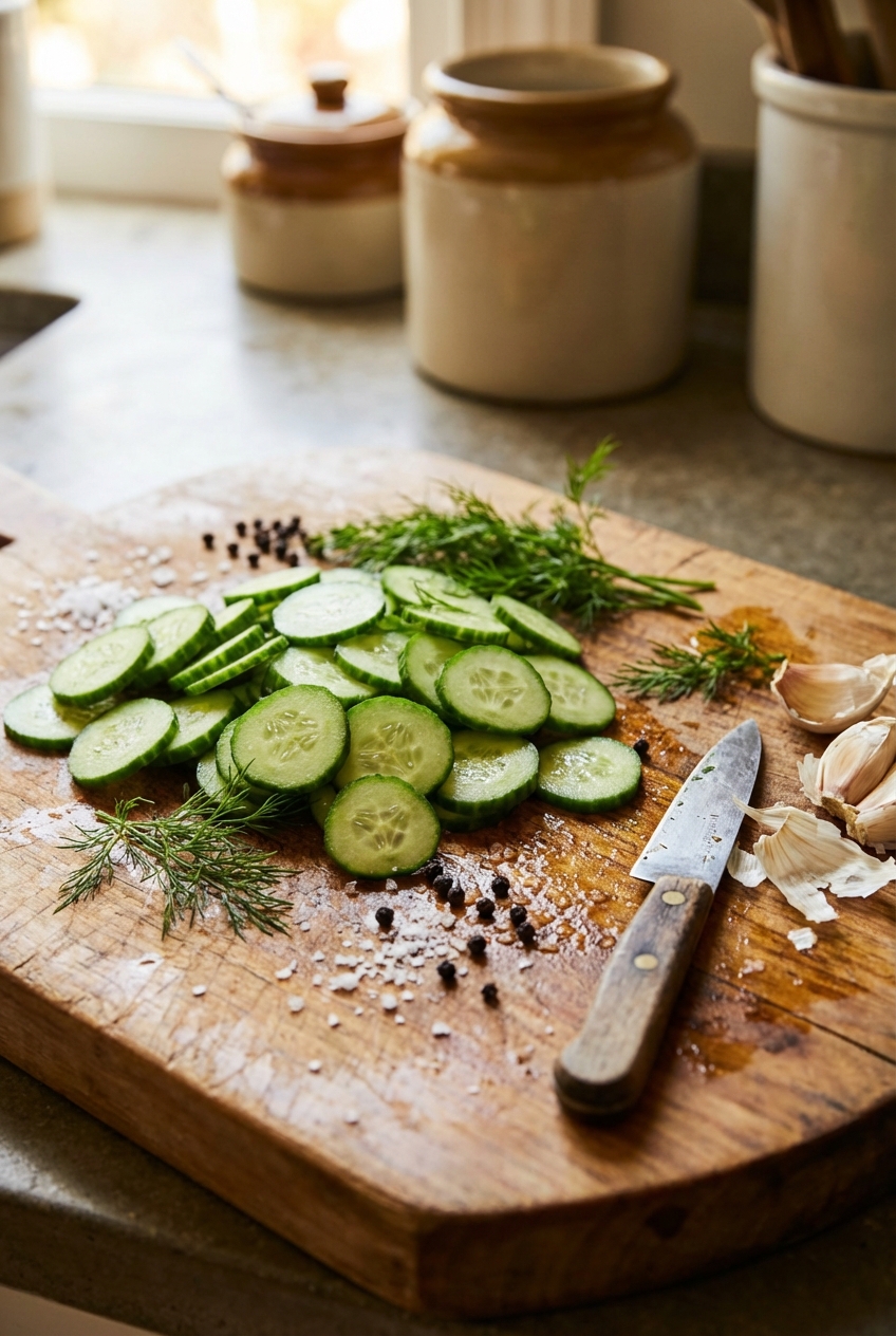 Sliced cucumbers, fresh dill sprigs, and smashed garlic on a cutting board
