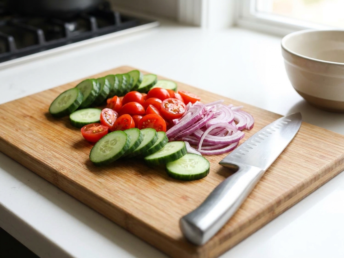 Sliced cucumbers, halved cherry tomatoes, and thinly sliced red onion on a cutting board with a chef's knife on a bright kitchen counter