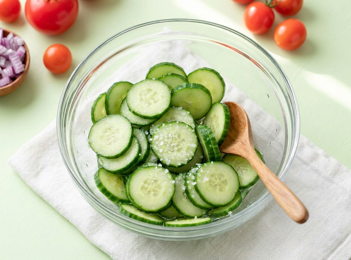 Sliced cucumbers in a bowl sprinkled with salt, ready to drain before adding to pasta salad