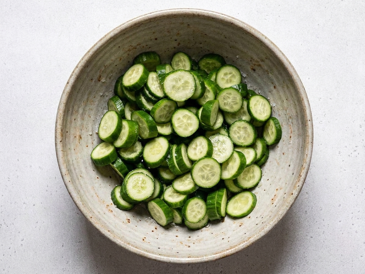 Sliced cucumbers in a large mixing bowl with visible salt crystals as they begin to release moisture