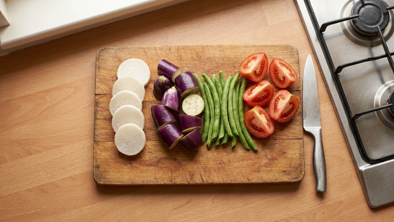 Sliced daikon radish, eggplant chunks, trimmed green beans, and quartered tomatoes arranged on a cutting board