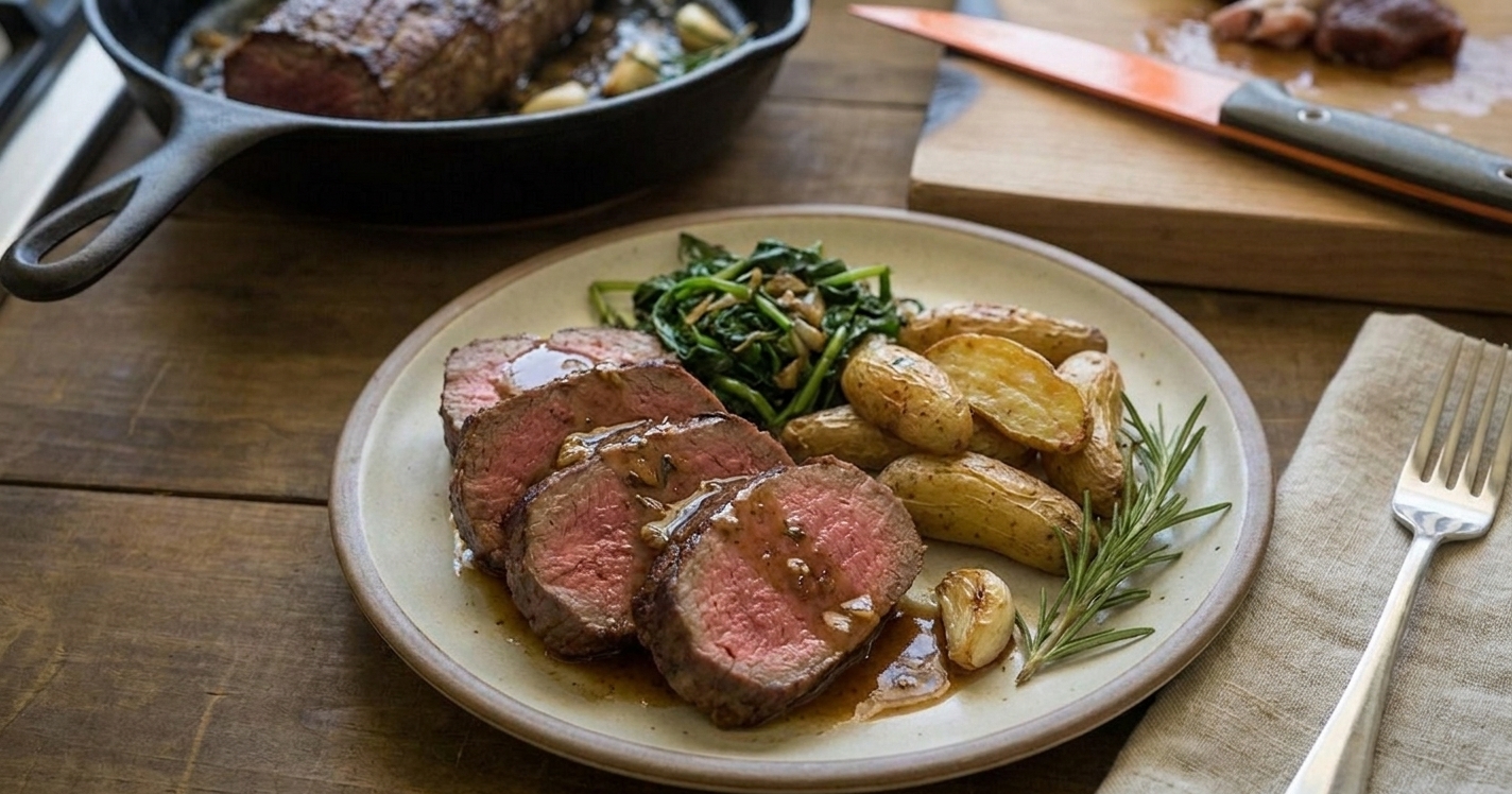 Sliced deer backstrap arranged on a plate with a spooned-on pan sauce and simple sides on a rustic dinner table