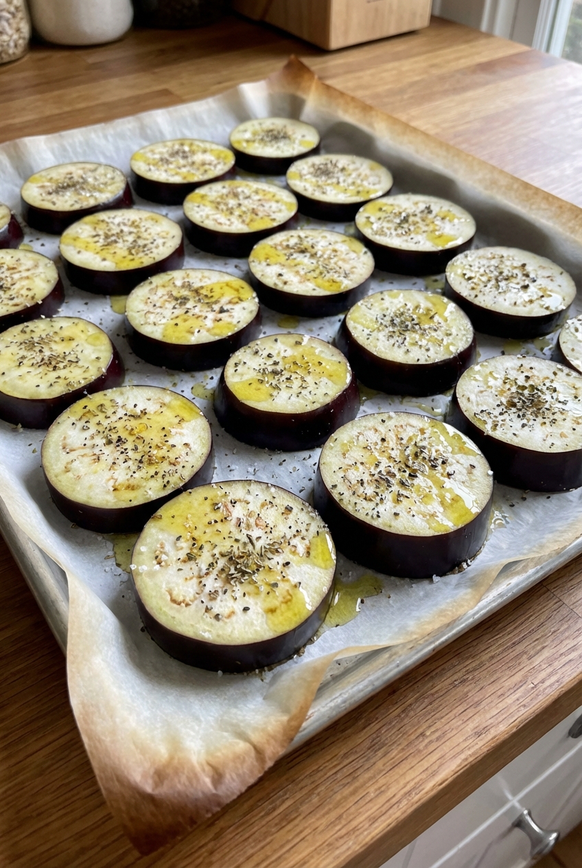 Sliced eggplant rounds arranged on a parchment-lined baking sheet with olive oil and seasoning