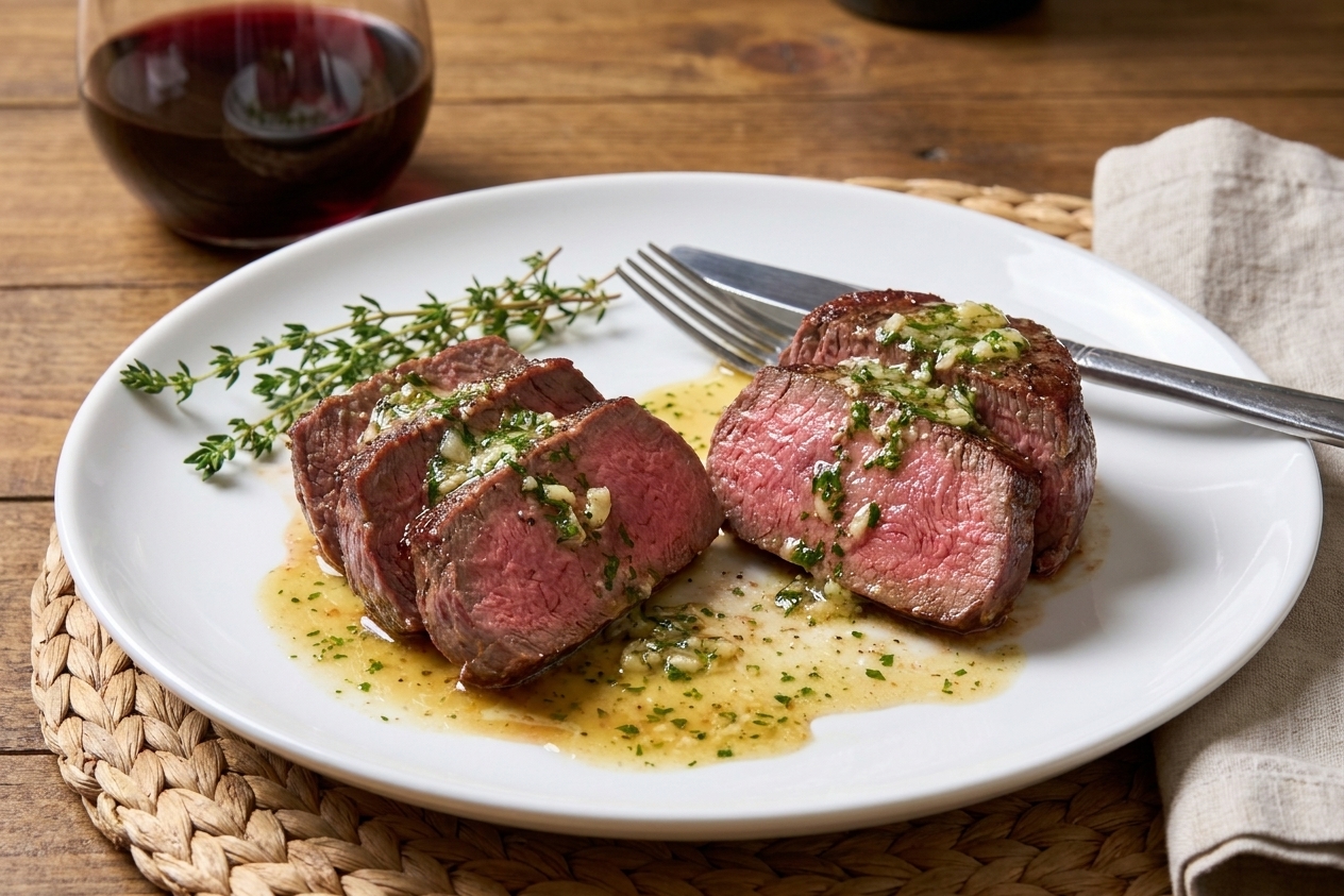 Sliced filet mignon fanned on a plate with pan butter drizzled over top, set on a simple dinner table with warm lighting