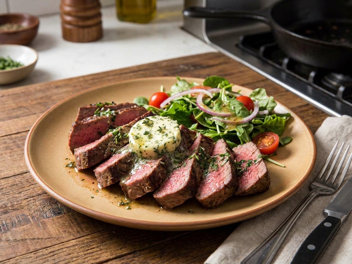 Sliced filet mignon fanned on a warm dinner plate with a knob of melting herb butter and a simple side salad on a wooden table