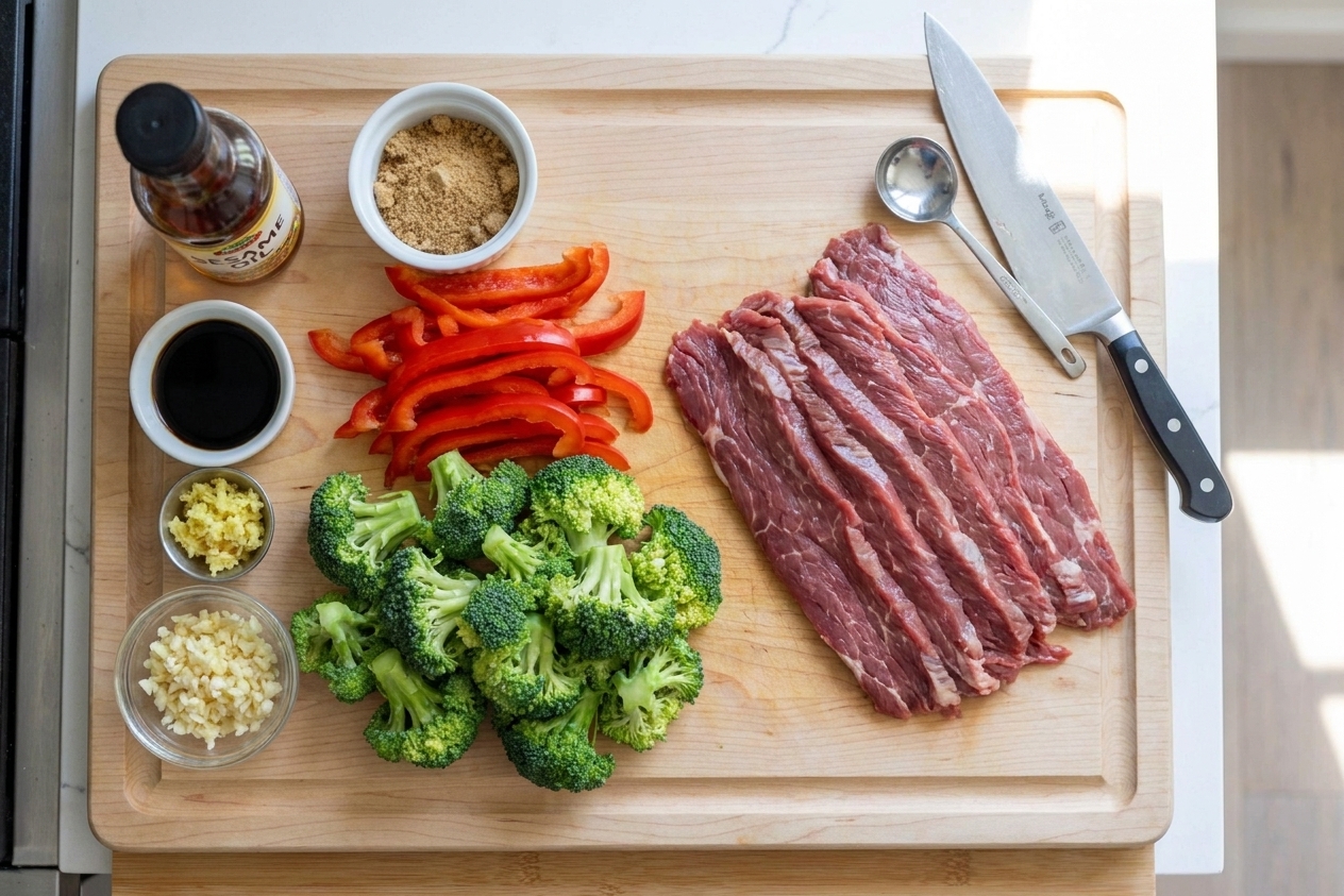 Sliced flank steak, broccoli florets, bell pepper strips, garlic, ginger, soy sauce, brown sugar, and sesame oil arranged on a kitchen counter ready to cook