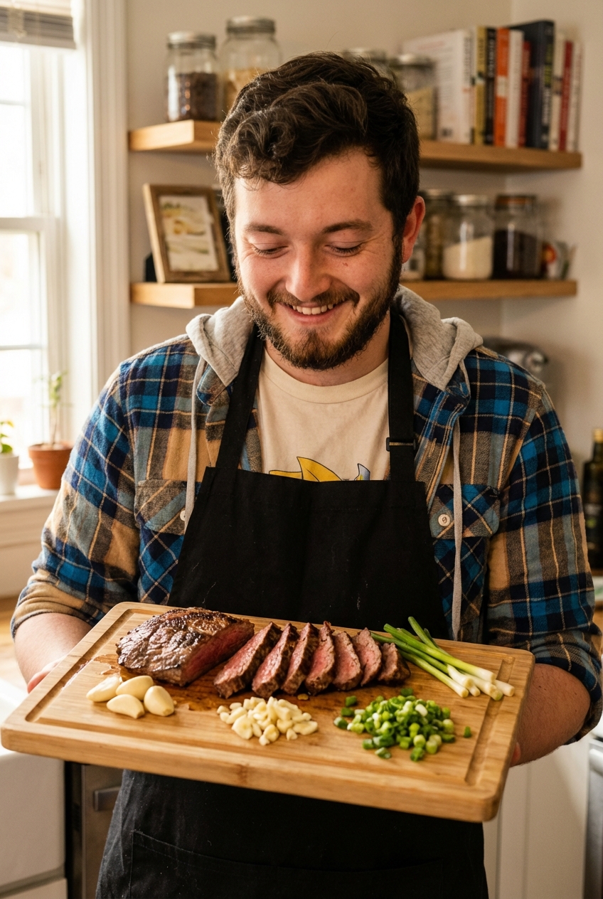 Sliced flank steak on a cutting board with garlic and green onions nearby