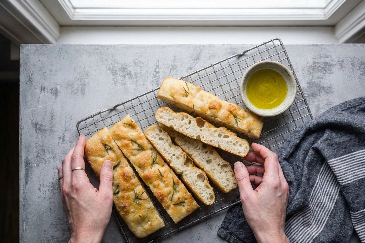 Sliced focaccia cooling on a wire rack with a few pieces stacked and a small dish of olive oil nearby