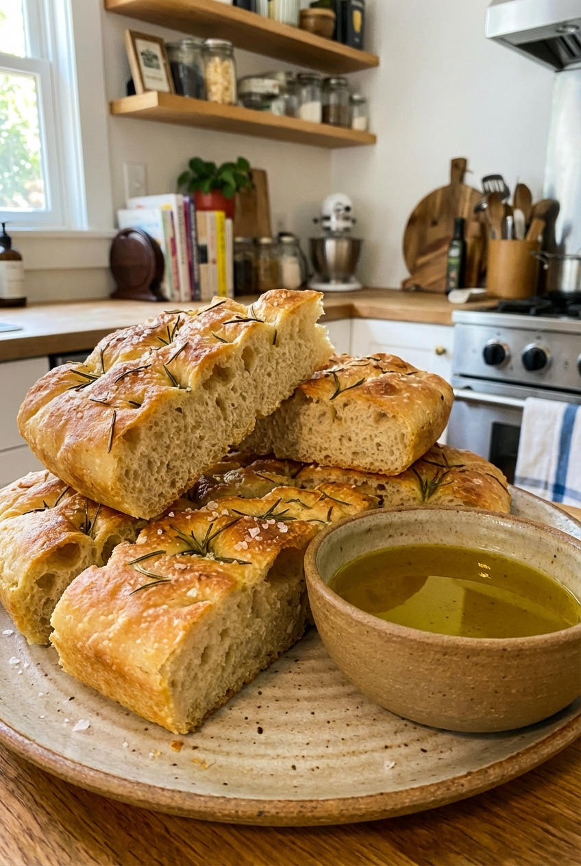 Sliced focaccia stacked on a plate with a small bowl of olive oil for dipping