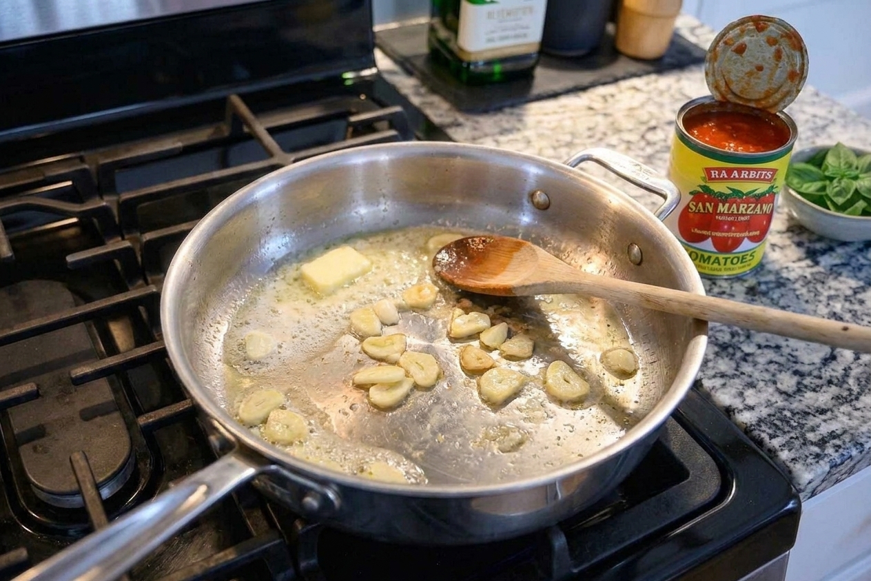 Sliced garlic and butter melting in a skillet next to an open can of crushed tomatoes on a tidy stovetop setup with warm consistent lighting