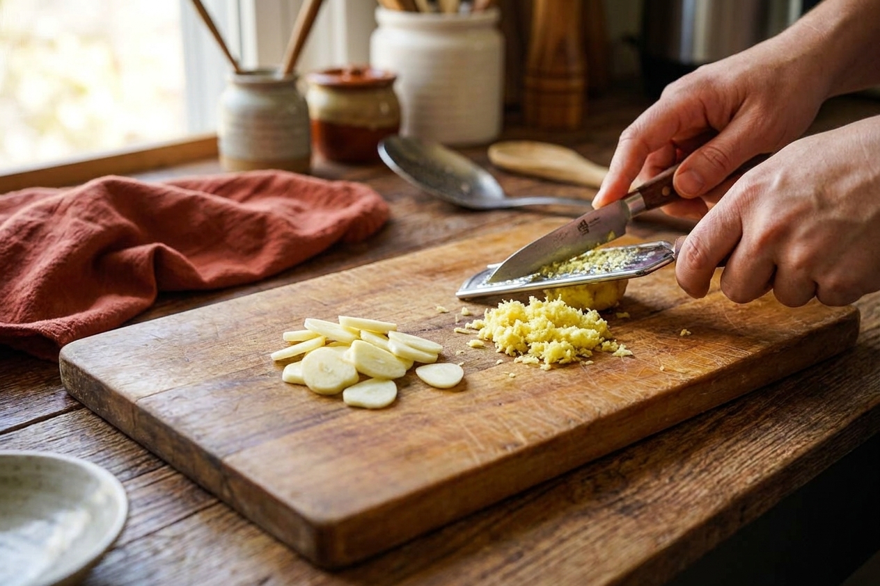 Sliced garlic and freshly grated ginger on a wooden cutting board in a home kitchen