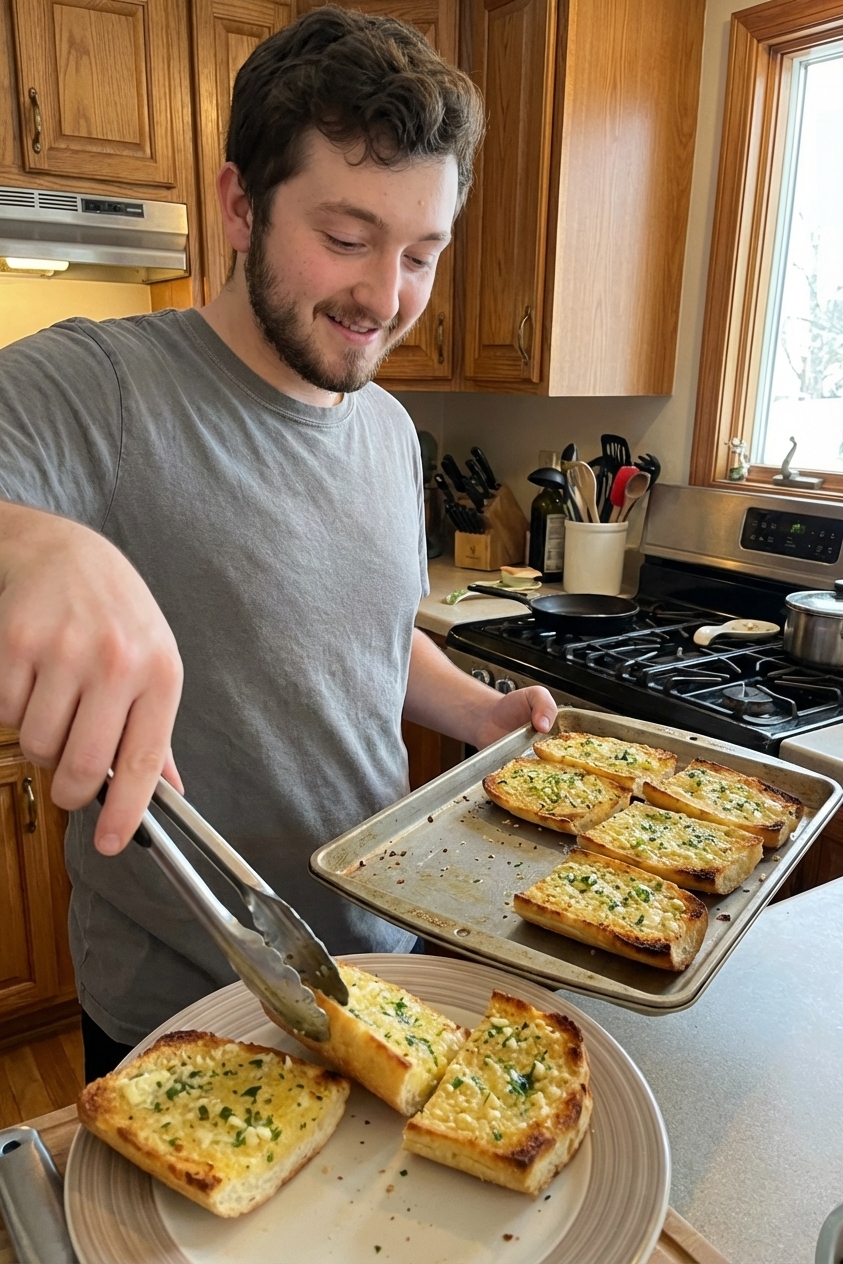 Sliced garlic bread with golden edges being served from a baking sheet