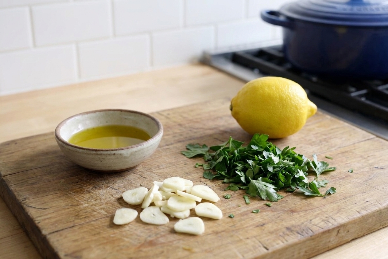 Sliced garlic, chopped parsley, a whole lemon, and a small bowl of olive oil arranged on a cutting board