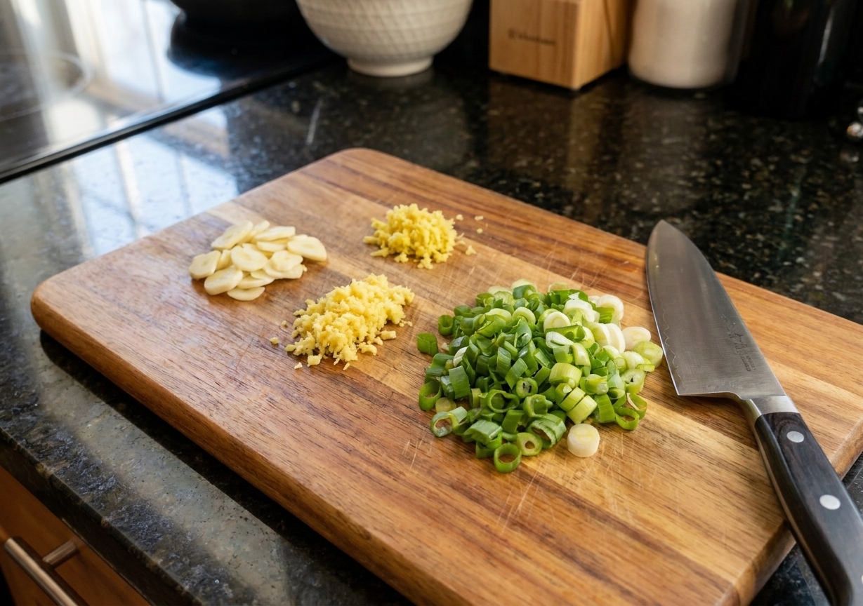 Sliced garlic, grated ginger, and sliced scallions on a wooden cutting board next to a chef's knife on a kitchen counter