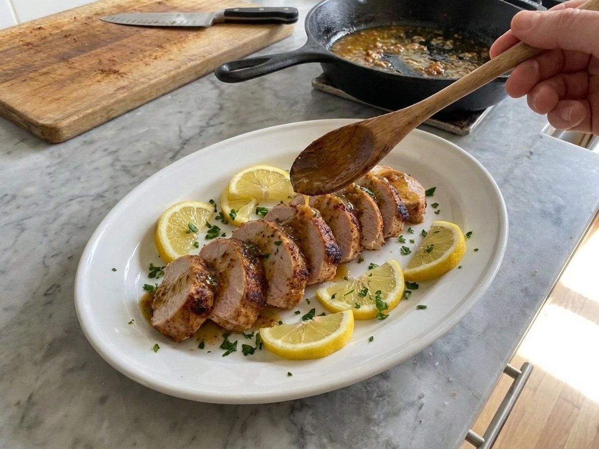 Sliced garlic herb turkey tenderloin fanned on a white platter with lemon wedges and chopped parsley, with pan sauce spooned over the top on a warm kitchen table
