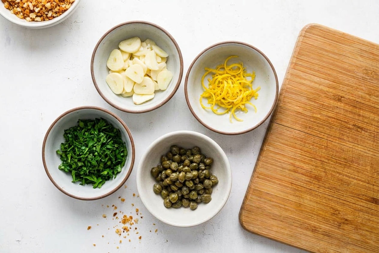 Sliced garlic, lemon zest, chopped parsley, and capers prepped in small bowls beside a cutting board