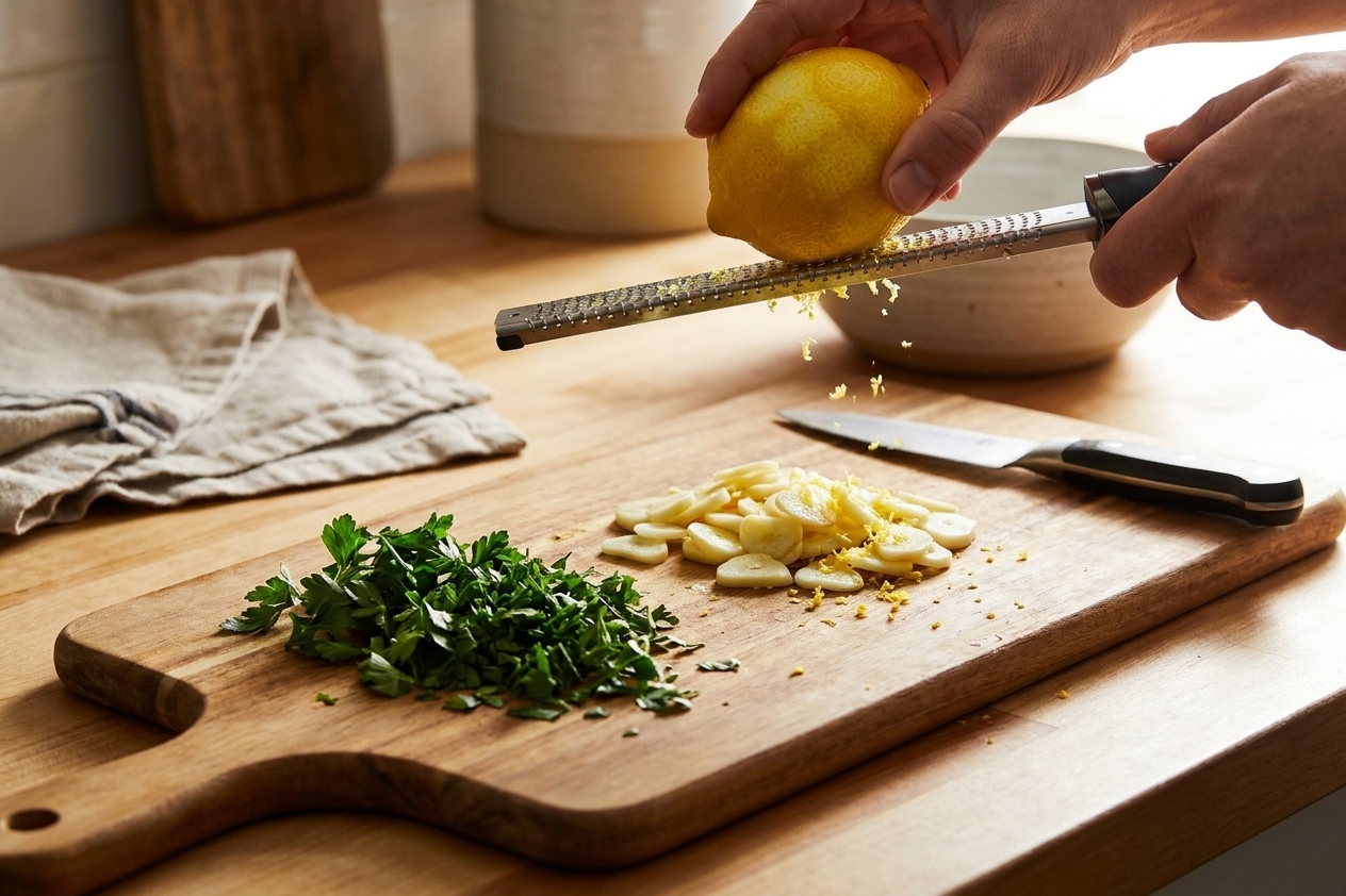 Sliced garlic on a cutting board with a lemon being zested and a pile of chopped parsley beside it on a tidy kitchen counter