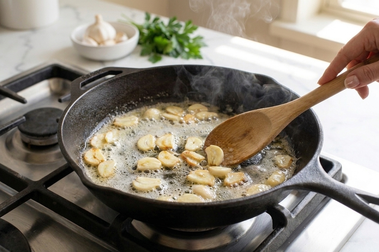Sliced garlic sizzling gently in melted butter in a skillet on a home stove