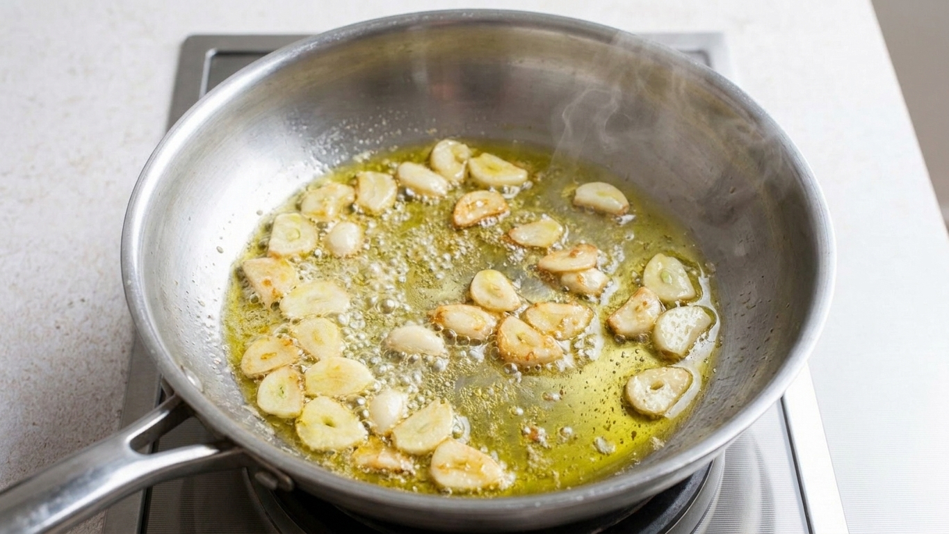Sliced garlic sizzling in melted butter and olive oil in a skillet on a stovetop