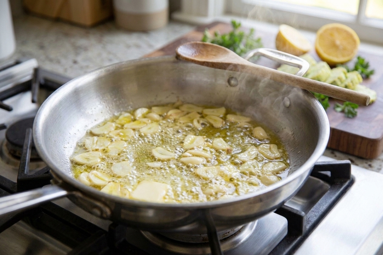 Sliced garlic sizzling in melted butter and olive oil in a large skillet on a stovetop