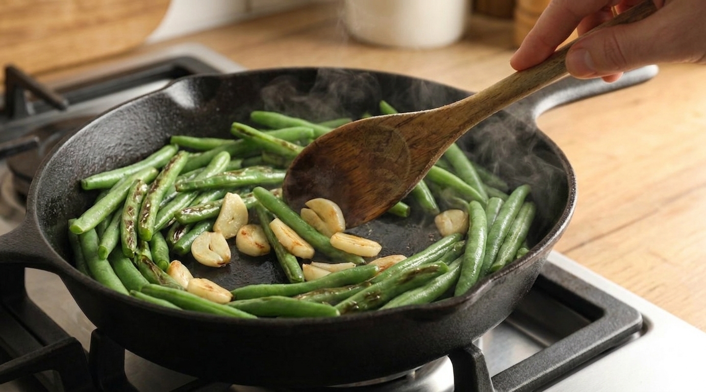 Sliced garlic turning light golden as it sautés with blistered green beans in a skillet, stirred with a wooden spoon
