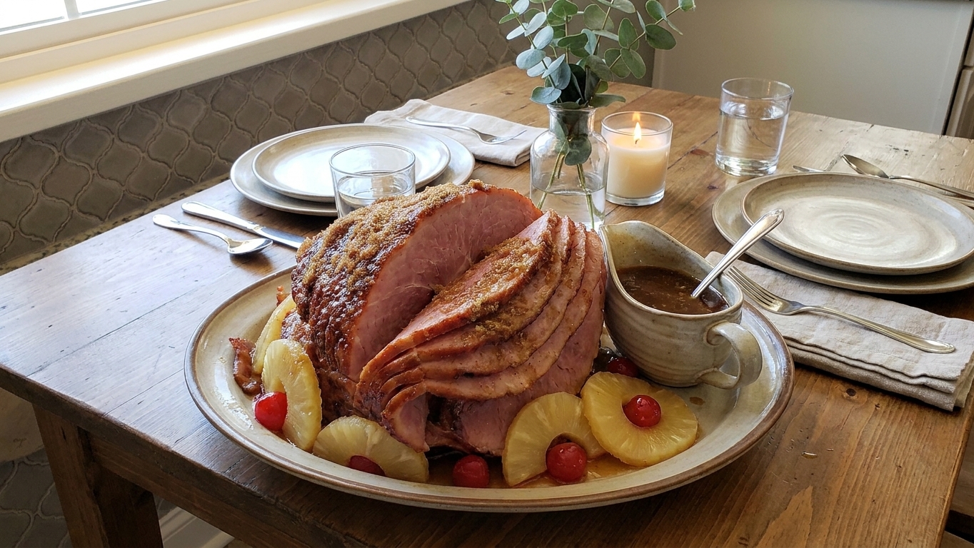Sliced glazed ham fanned on a serving platter with extra sauce and a simple dinner table setting