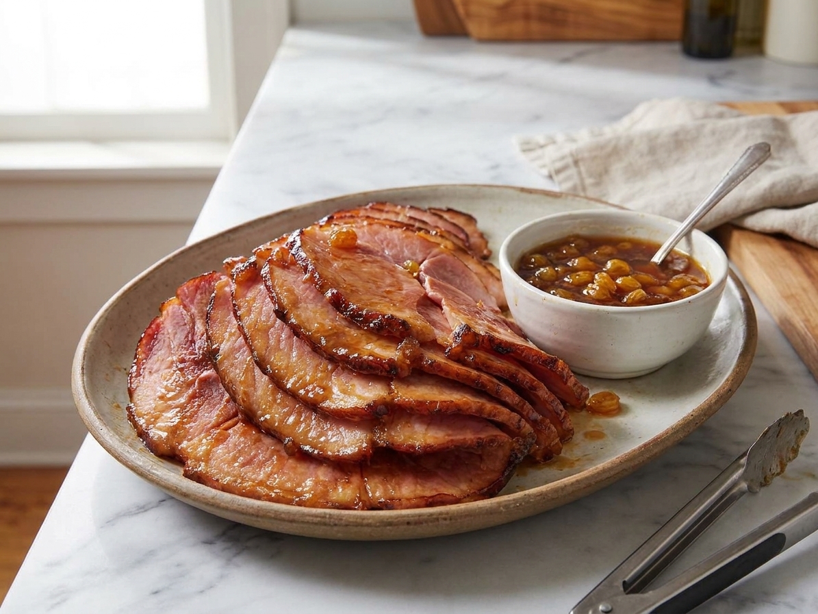Sliced glazed ham fanned on a serving platter with shiny caramelized edges and a small bowl of extra glaze nearby