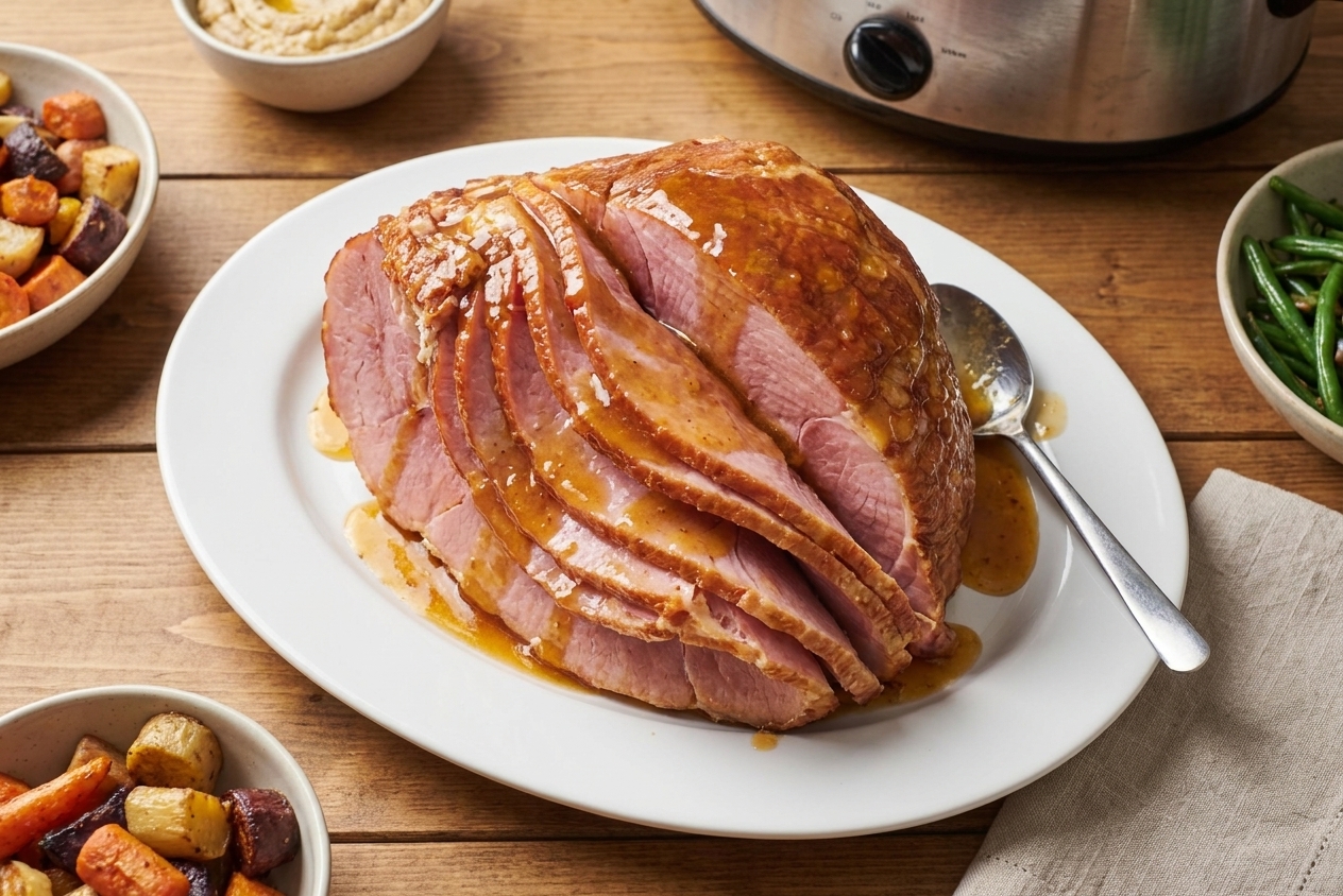 Sliced glazed ham fanned out on a white serving platter with extra sauce spooned over the top on a simple dinner table
