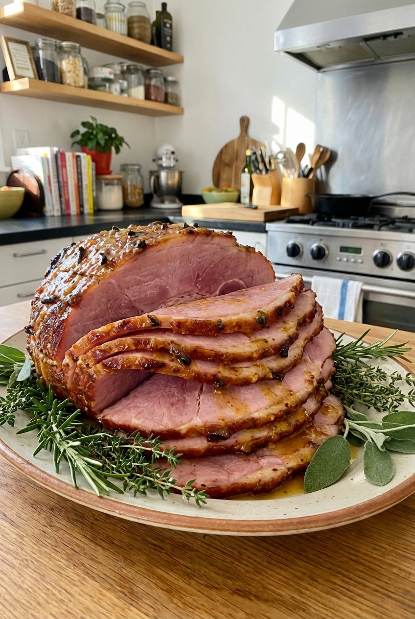 Sliced glazed ham on a platter with herbs