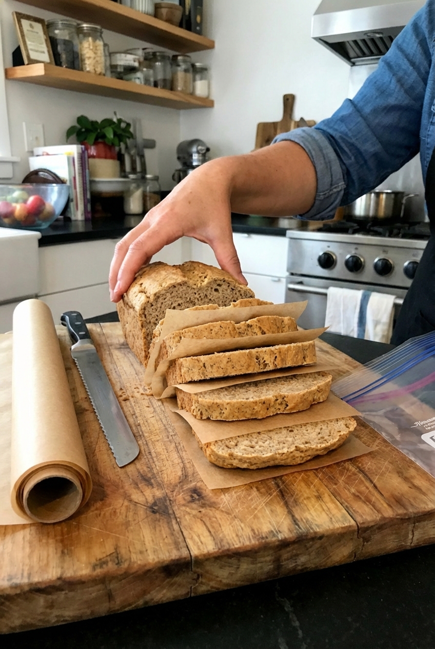 Sliced gluten free bread stacked with parchment paper between slices on a cutting board, ready to freeze