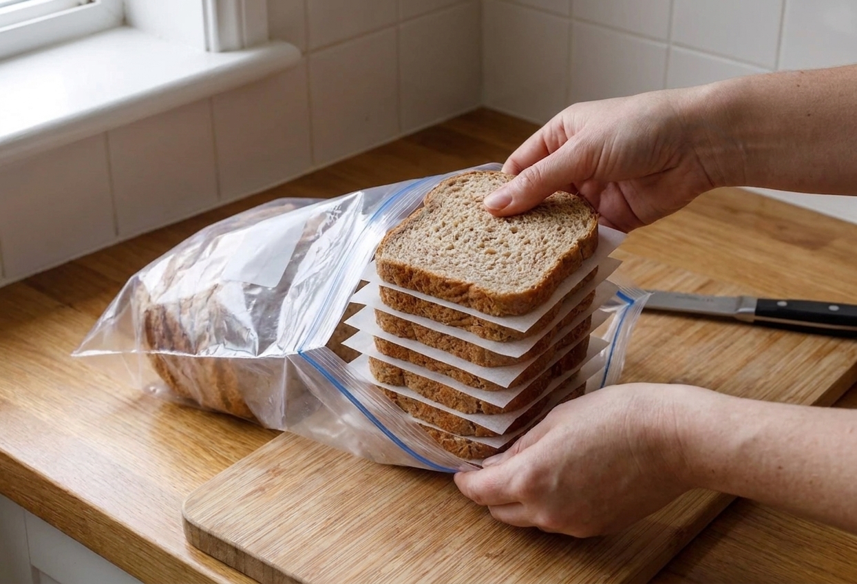 Sliced gluten free bread with parchment between slices being placed into a freezer bag on a kitchen counter