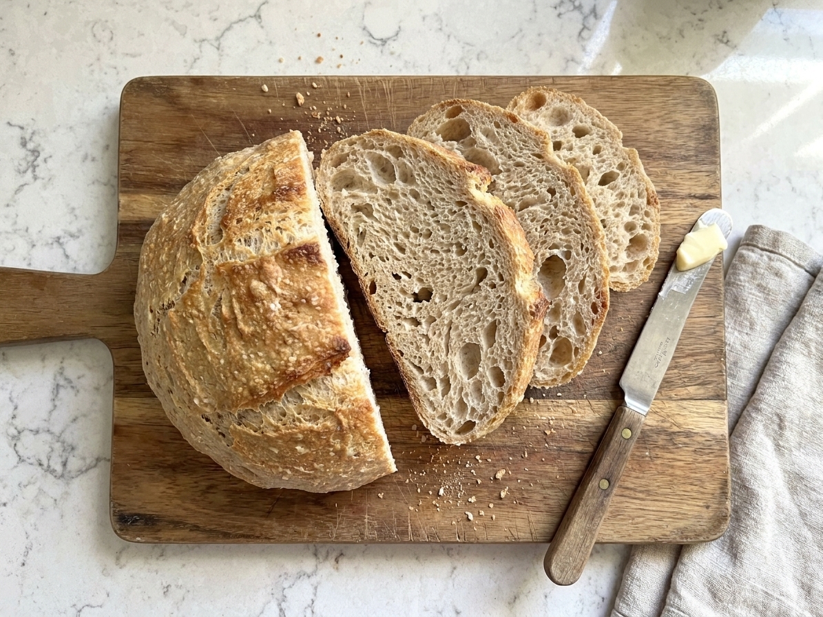 Sliced gluten-free sourdough bread showing an open tender crumb on a wooden cutting board with a butter knife nearby