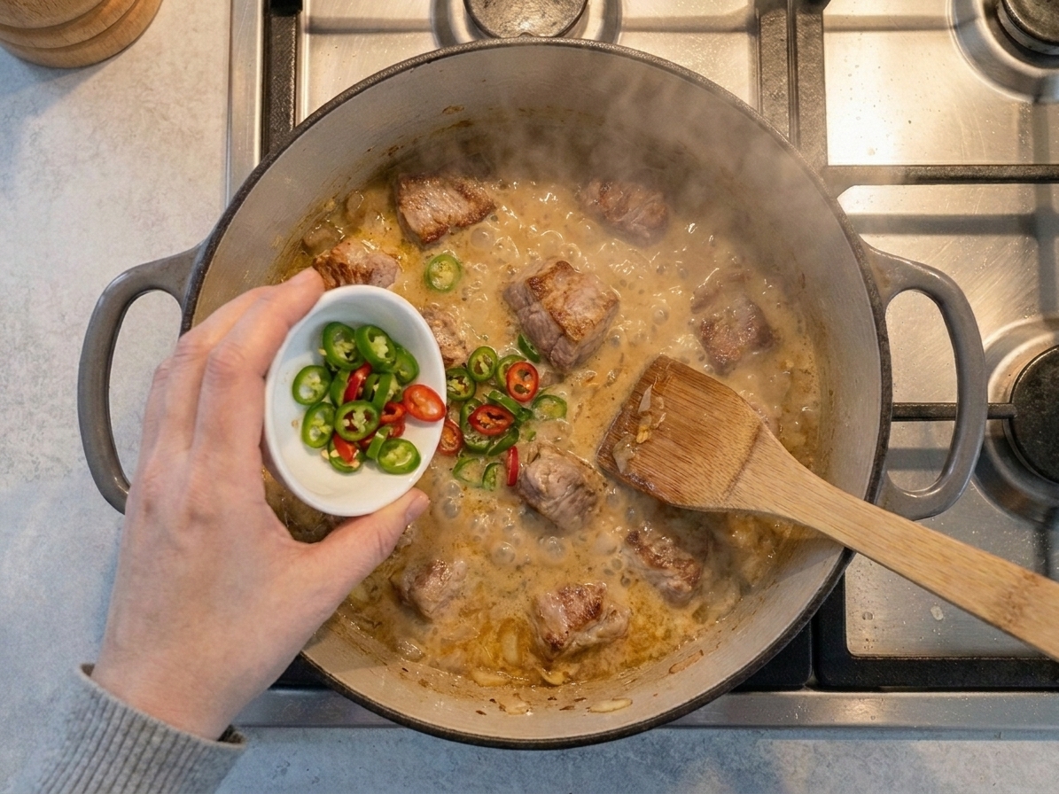 Sliced green and red chiles being added to a pot of creamy coconut stew with pork, steam rising