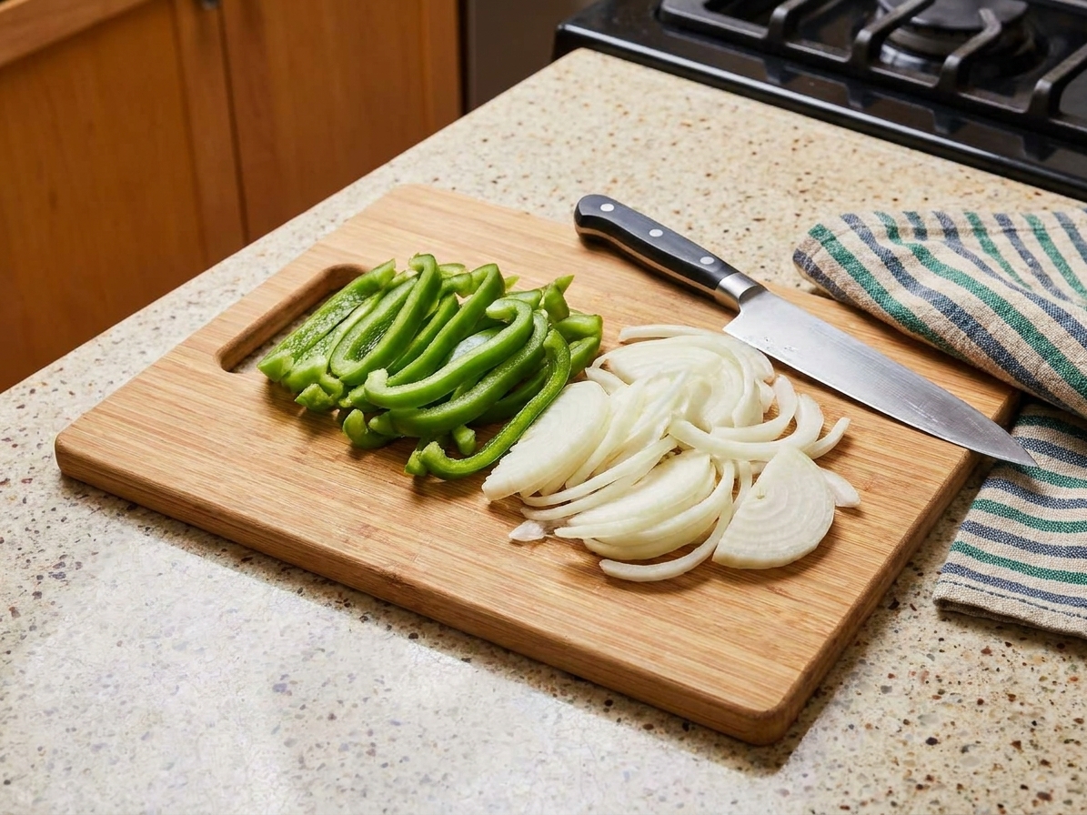 Sliced green bell pepper strips and thinly sliced onions on a cutting board with a chef knife in a home kitchen