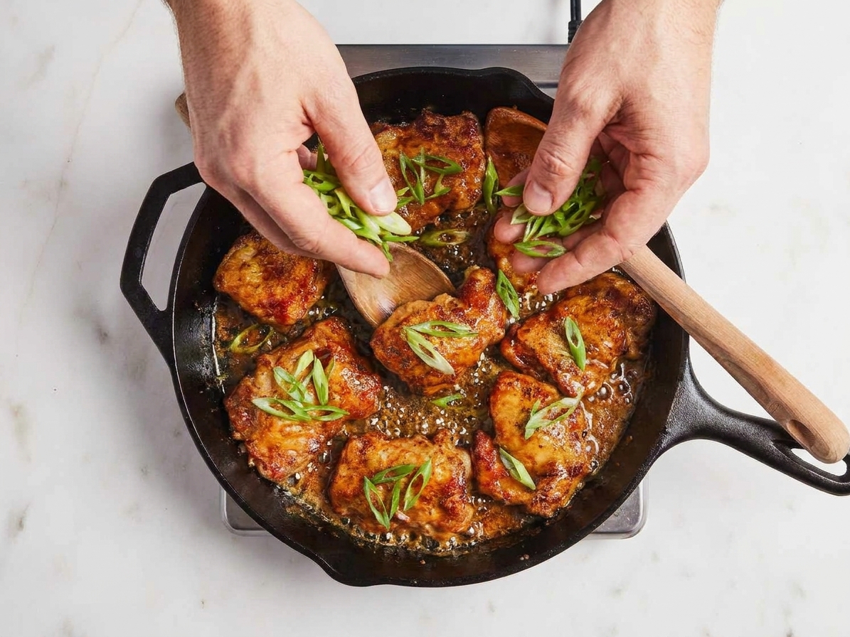 Sliced green onions being sprinkled over honey garlic chicken in a skillet on the stovetop