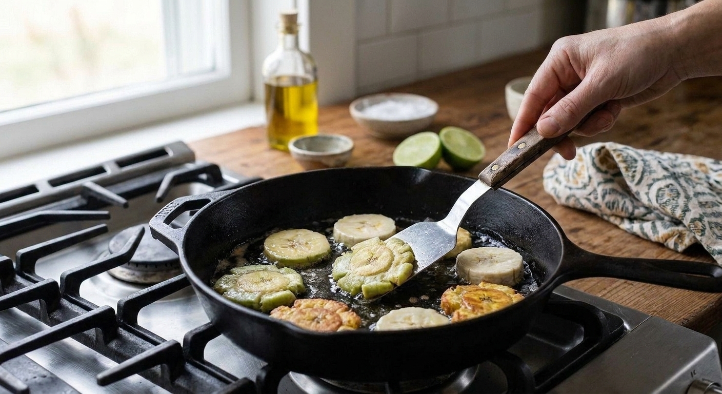 Sliced green plantains frying in a cast iron skillet on a stovetop with gentle bubbling oil