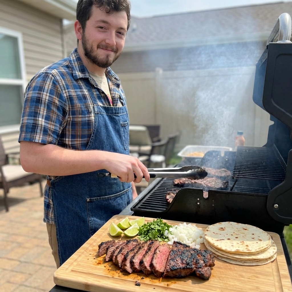 Sliced grilled carne asada with charred edges resting on a wooden cutting board beside lime wedges, chopped cilantro, diced onion, and warm tortillas in a backyard setting, real food photography