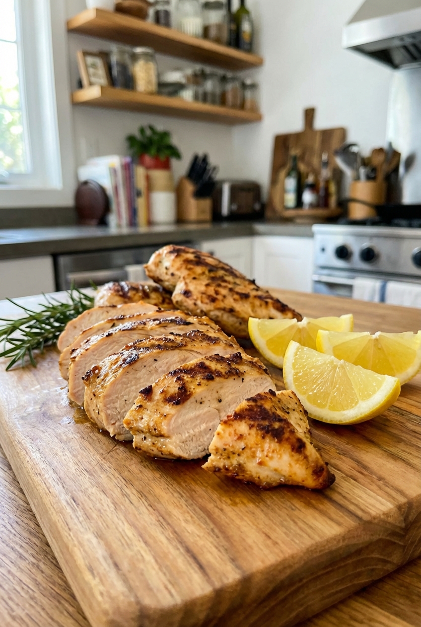 Sliced grilled chicken breast on a cutting board with lemon wedges