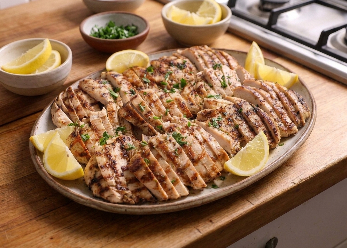 Sliced grilled chicken fanned on a serving platter with lemon wedges and chopped herbs on a wooden table setting
