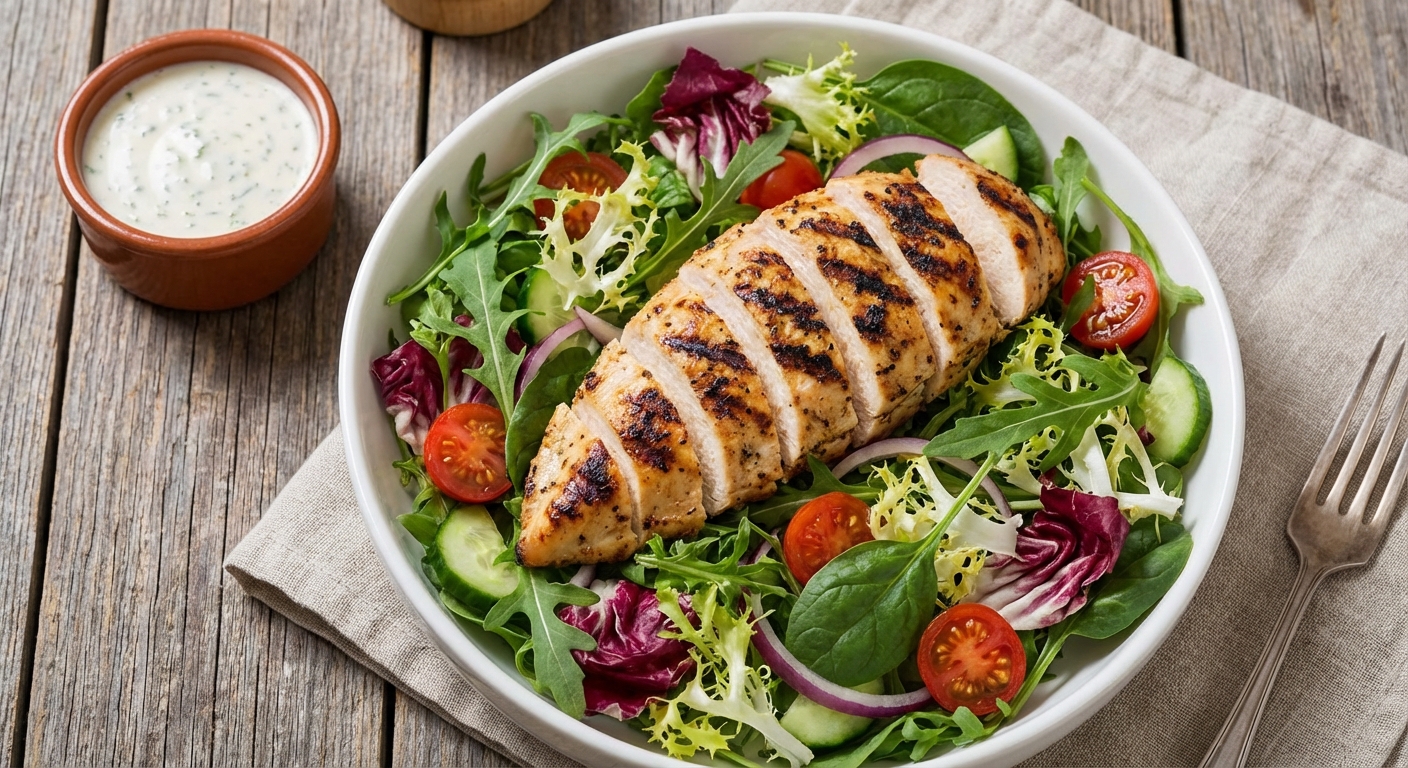 Sliced grilled chicken over mixed greens with a small ramekin of creamy dressing on the side