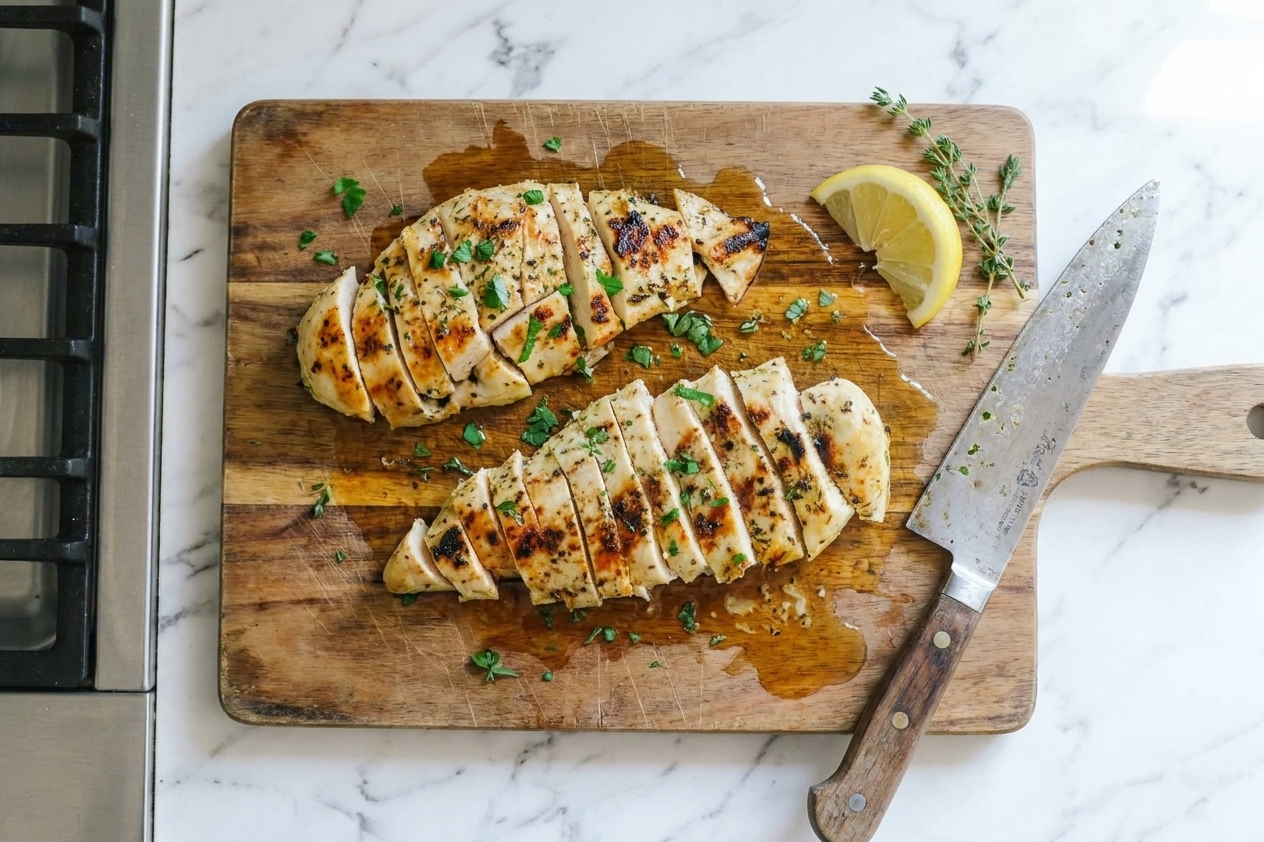 Sliced grilled chicken resting on a wooden cutting board with juices visible and a chef's knife beside it