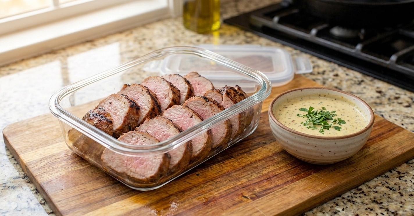 Sliced grilled pork tenderloin arranged in a glass airtight container with a small cup of sauce on the side, sitting on a kitchen counter