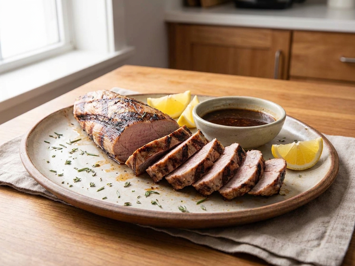 Sliced grilled pork tenderloin arranged on a serving platter with herb flecks, lemon wedges, and a small bowl of pan sauce on a warm kitchen table