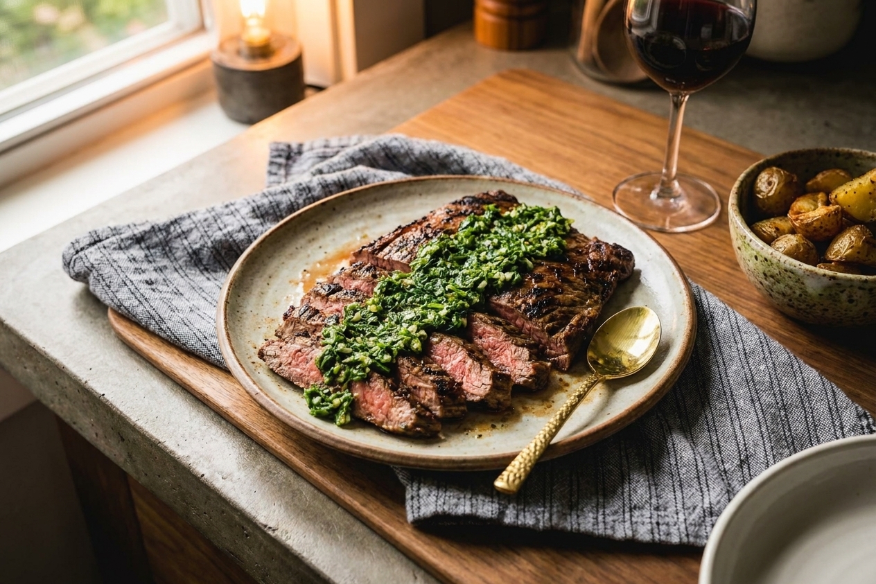 Sliced grilled steak on a plate with chimichurri spooned over the top, set on a simple dinner table with warm lighting
