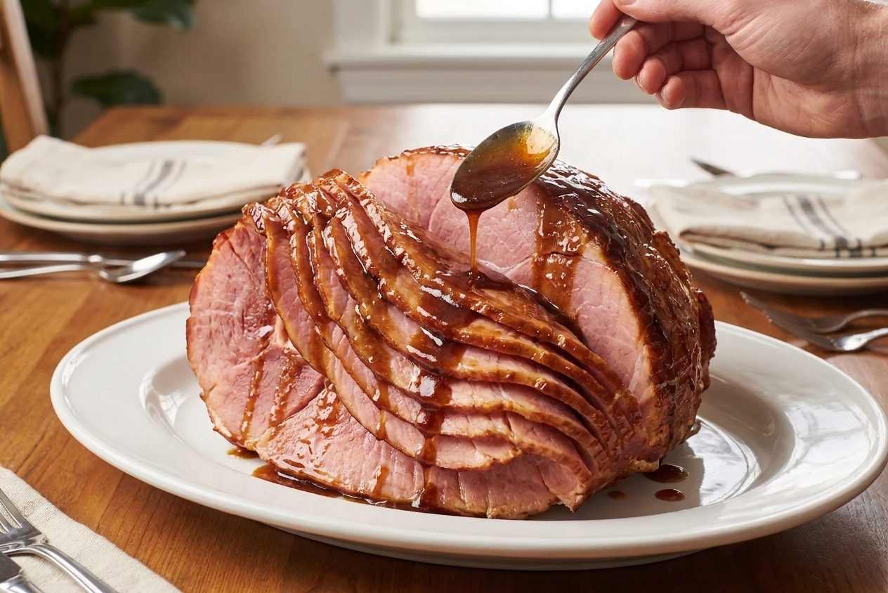 Sliced ham fanned out on a serving platter with shiny brown sugar glaze spooned over the top on a dining table