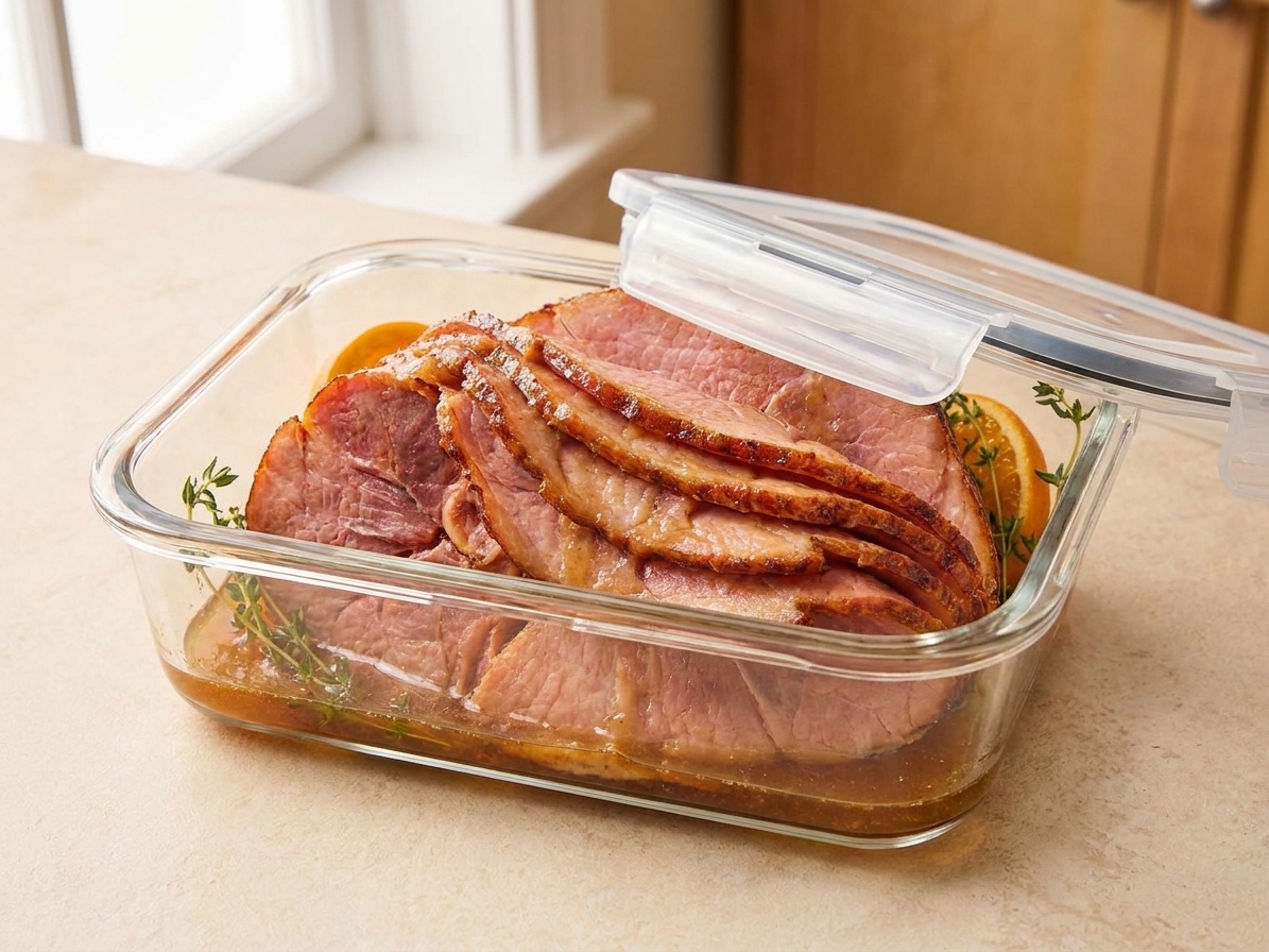 Sliced ham stored in a clear airtight container with a little glaze pooled at the bottom on a kitchen counter