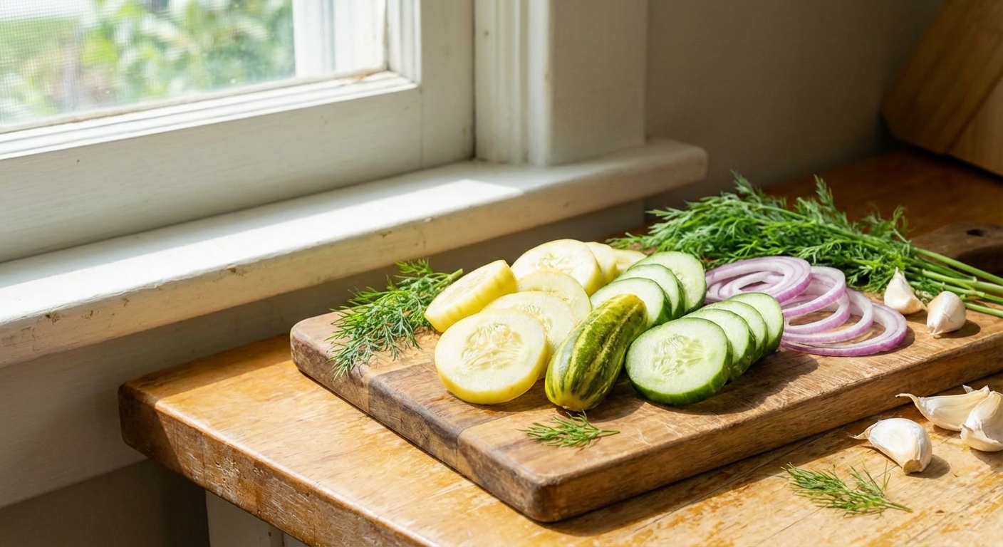 Sliced heirloom cucumbers and red onion on a cutting board with dill and garlic nearby
