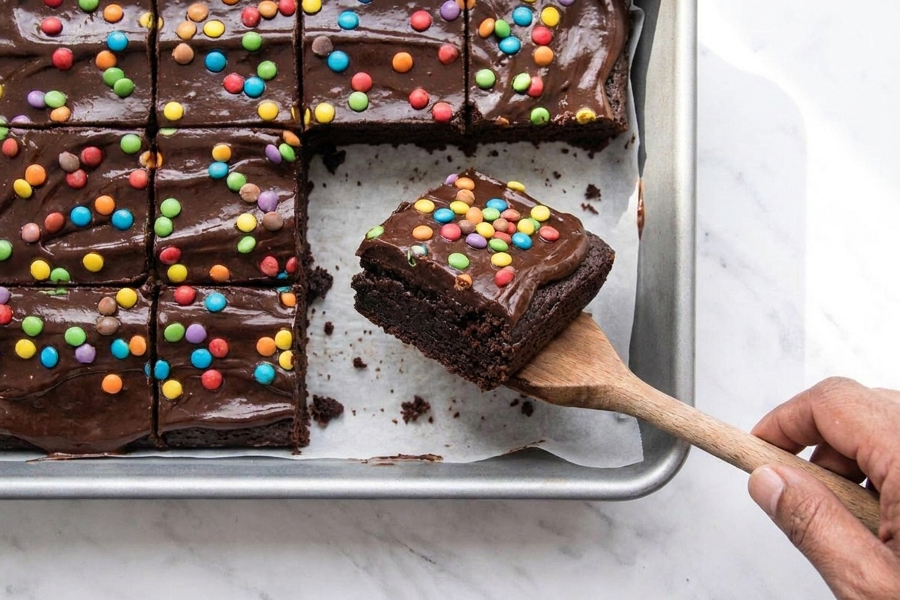 Sliced homemade cosmic brownies showing a thick fudgy base with a smooth ganache top and rainbow candy chips